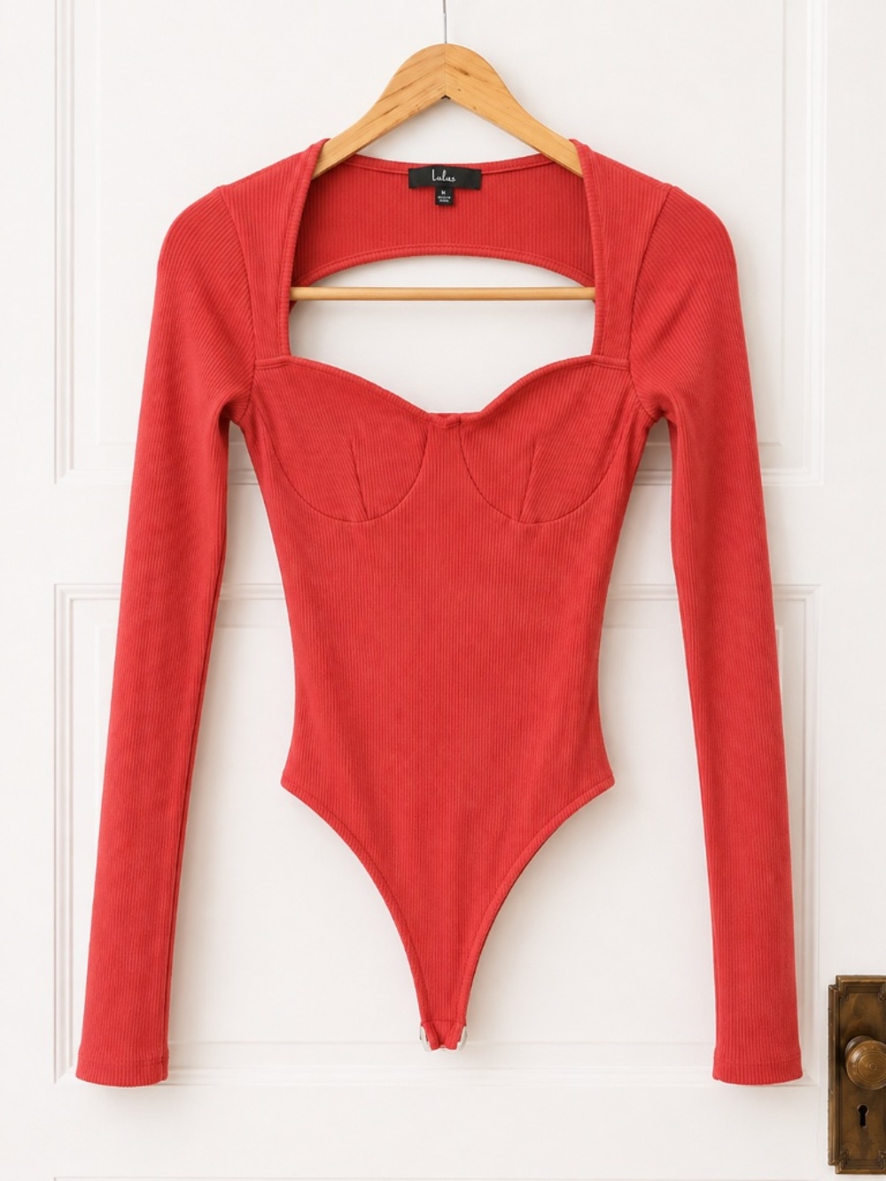 Lulus Coral Ribbed Bustier Long Sleeve Bodysuit